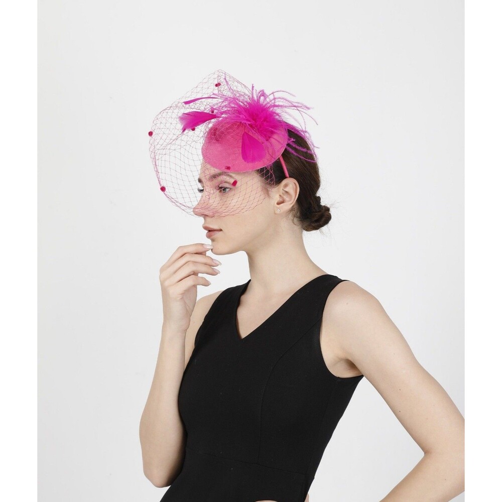 Hot Pink Pillbox Fascinator Women Hat Wedding Tea Party Feather Veil Headband